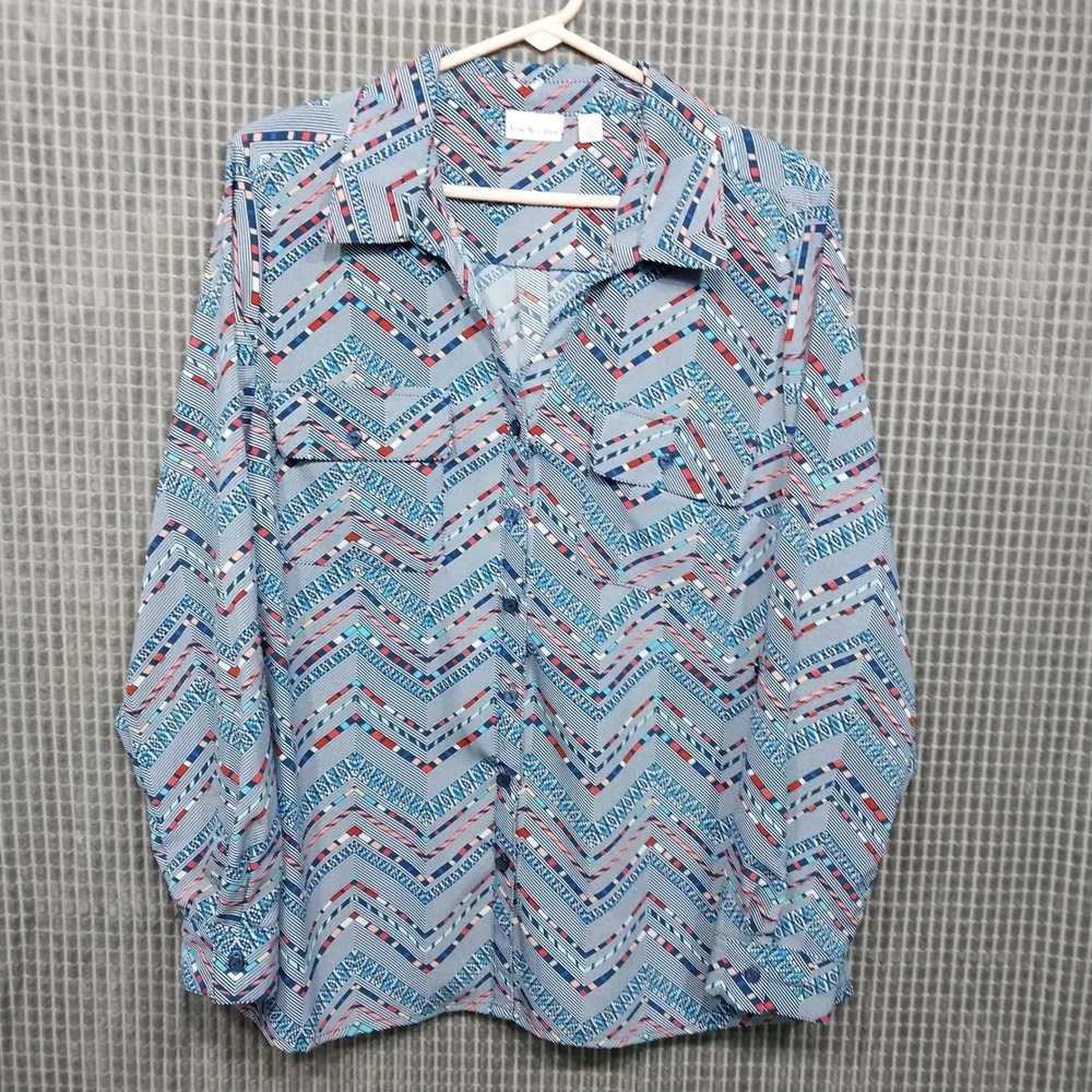 Kim Rogers Womens Button Down Shirt Geometric Chevron Print L Blue